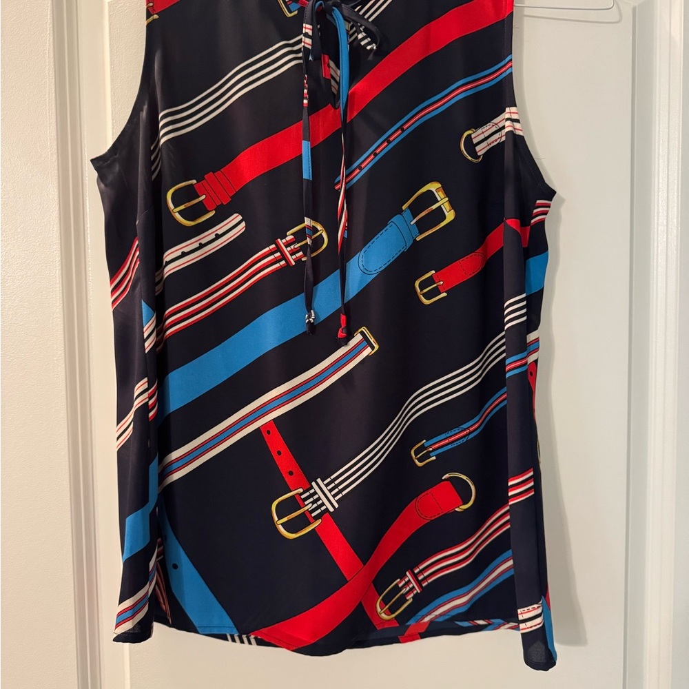 CAbi Blue and Red Sleeveless Tie Front Blouse